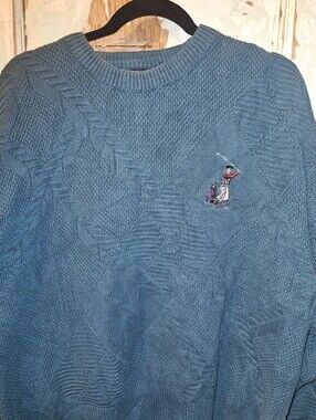 Vintage Isle of Cotton USA Golf Sweater Blue Textured Knit Embroidered Golfer Me